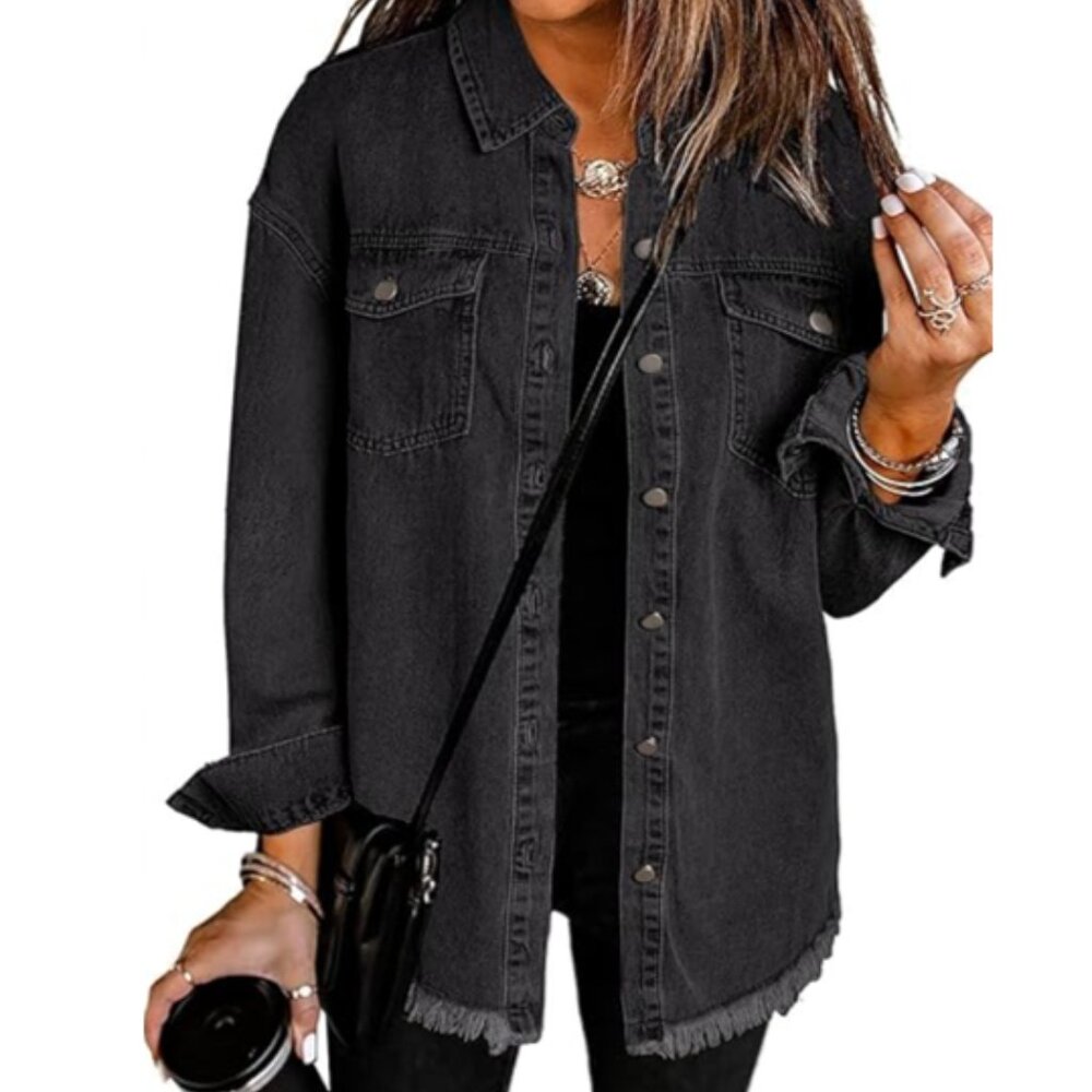 Oversized Button Up Frayed Hem Shacket Long Sleeve Pockets Denim Jacket